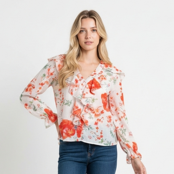 boutique Tops - Floral Ruffle Women's Top - Orange and White XL